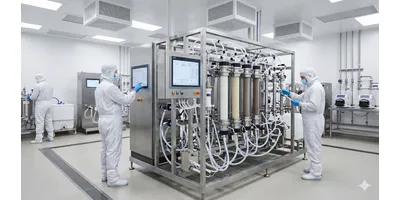 A photorealistic wide-angle view of a modern biopharmaceutical downstream processing suite, featuring a large-scale automated chromatography skid with stainless steel and translucent single-use fluid-path components.