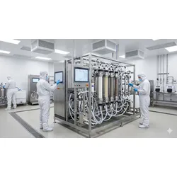 A photorealistic wide-angle view of a modern biopharmaceutical downstream processing suite, featuring a large-scale automated chromatography skid with stainless steel and translucent single-use fluid-path components.