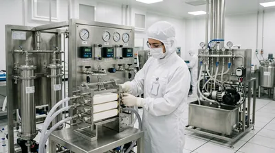 A downstream process scientist examines a membrane filtration cassette in a GMP bioprocessing laboratory, with depth filtration housings and tangential flow filtration equipment visible in the background.