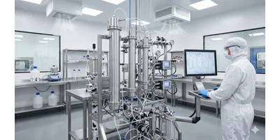 A photorealistic laboratory image of a downstream bioprocessing suite showing a multi-column chromatography skid with visible stainless steel column housings, UV and conductivity in-line detectors, tubing manifolds, and a process control monitor displaying chromatographic trace data.
