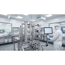 A photorealistic laboratory image of a downstream bioprocessing suite showing a multi-column chromatography skid with visible stainless steel column housings, UV and conductivity in-line detectors, tubing manifolds, and a process control monitor displaying chromatographic trace data.