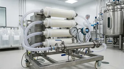 Depth filter housing assembly in series configuration in a GMP bioprocessing suite, showing capsule filters on a manifold with differential pressure monitoring.