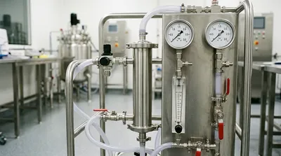 A virus nanofiltration housing unit connected to a pressure-controlled filtration system in a GMP laboratory with visible pressure gauges and flow meters