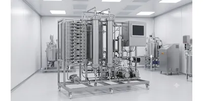 A photorealistic laboratory image of a preparative chromatography skid in a GMP bioprocessing facility.