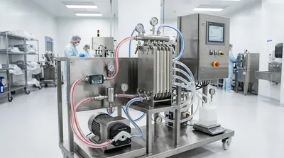 A TFF flat-sheet cassette skid in a GMP bioprocessing laboratory with pump, pressure gauges, flow meters, and permeate collection lines visible.