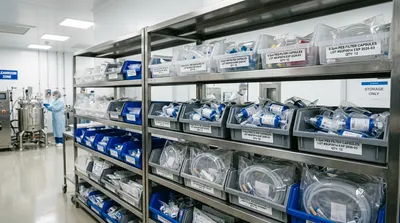 Organized shelving of single-use filtration components including pre-packaged filter capsules, sterile connectors, and tubing sets in a GMP bioprocessing facility.