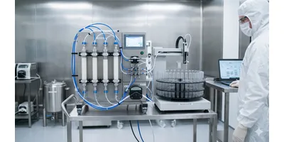 A photorealistic image of a downstream bioprocessing laboratory with chromatography columns and fraction collection equipment in a cleanroom setting.