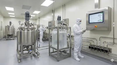 A cleanroom biopharmaceutical downstream processing suite where two scientists in full protective attire monitor stainless-steel tanks, a single-use mixing station, and a wall-mounted digital control panel.
