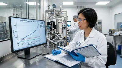 A bioprocess scientist reviews differential pressure monitoring data during a filtration run, with membrane filtration skid in the background.