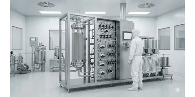 A photorealistic image of a GMP bioprocessing facility showing a chromatography skid with visible tubing manifolds, column housing, and instrumentation panel in a cleanroom environment.