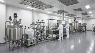 Technicians in full protective suits operate automated stainless steel bioprocessing equipment and a central control panel in a sterile cleanroom facility.