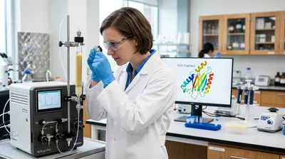 A laboratory scientist examines a chromatography column packed with VHH affinity resin on a compact FPLC system, with molecular structure visualization in the background in a downstream processing laboratory.