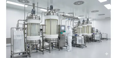 A photorealistic image of a large-scale GMP chromatography suite.