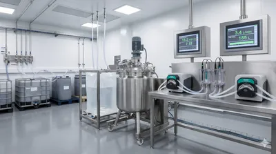 A sterile bioprocessing clean room features a stainless steel mixing vessel, control monitors displaying process data, and single-use fluid handling systems including pumps and storage containers.