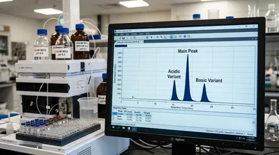 A CEX charge variant separation trace displayed on a chromatography workstation screen showing three resolved peaks for acidic, main, and basic mAb species in an analytical laboratory.