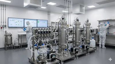 Two technicians in full clean room suits manage digital displays and organize supplies in a sterile biotech laboratory dominated by a large, complex chromatography system.