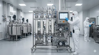 Two technicians in full sterile clean-room suits manage and operate sophisticated stainless steel column chromatography and reactor equipment within a modern laboratory facility.