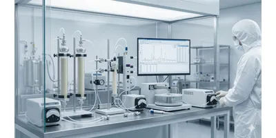 A photorealistic image of a downstream bioprocessing laboratory with chromatography columns and UV detector traces visible on a monitor.