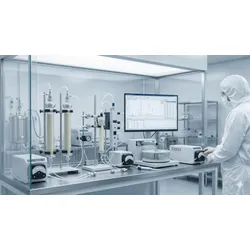 A photorealistic image of a downstream bioprocessing laboratory with chromatography columns and UV detector traces visible on a monitor.
