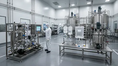 A GMP buffer preparation area showing a traditional stainless steel bulk buffer mixing system alongside a modern in-line buffer dilution skid, illustrating the contrast between in-house and alternative buffer preparation approaches.