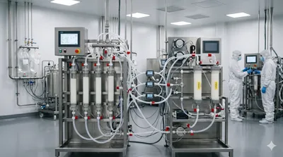 A complex, multi-column filtration and purification system with extensive tubing and dual touch screens stands prominently in a sterile pharmaceutical production facility, with two technicians in cleanroom suits working at a distance.