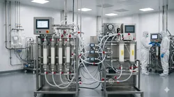 A complex, multi-column filtration and purification system with extensive tubing and dual touch screens stands prominently in a sterile pharmaceutical production facility, with two technicians in cleanroom suits working at a distance.