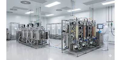 A photorealistic image of a continuous biomanufacturing facility showing bioreactor vessels and downstream chromatography equipment connected by tubing and flow paths in a cleanroom environment.