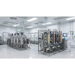 A photorealistic image of a continuous biomanufacturing facility showing bioreactor vessels and downstream chromatography equipment connected by tubing and flow paths in a cleanroom environment.