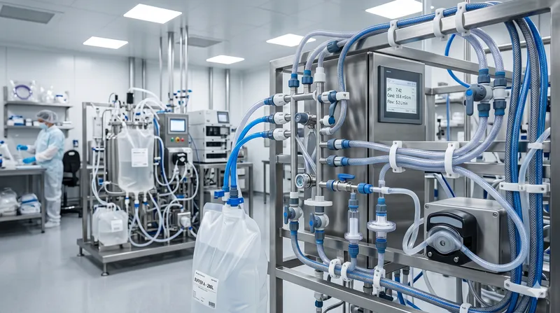 A technician in a full cleanroom suit works at a distant station in a sterile laboratory, with a complex stainless steel apparatus featuring intricate blue and grey tubing, a control panel, and a single-use fluid bag in the foreground.