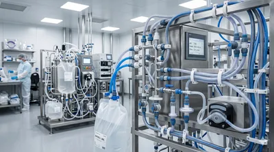 A technician in a full cleanroom suit works at a distant station in a sterile laboratory, with a complex stainless steel apparatus featuring intricate blue and grey tubing, a control panel, and a single-use fluid bag in the foreground.