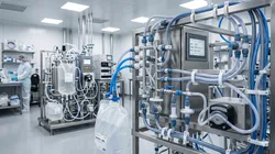 A technician in a full cleanroom suit works at a distant station in a sterile laboratory, with a complex stainless steel apparatus featuring intricate blue and grey tubing, a control panel, and a single-use fluid bag in the foreground.