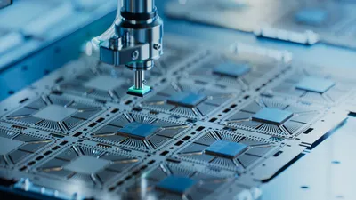 Close-up of semiconductor fabrication process in a cleanroom