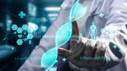 Healthcare professional examining DNA strands in lab setting