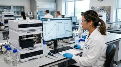 Scientist developing a UHPLC method for GLP-1 impurity profiling, optimizing a gradient on a core-shell column