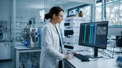 Separation scientist reviewing AI-assisted chromatography software predicting retention times and peaks, illustrating AI tools for separation science workflows  