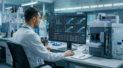 Method development scientist reviewing AI-ranked HPLC column and gradient options on screen, illustrating AI chromatographic method development  