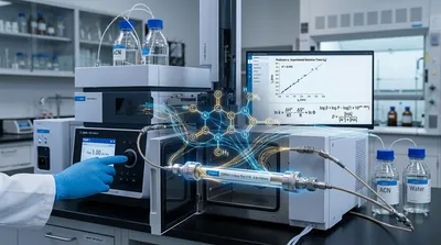 A professional scientific visualization blending a photorealistic HPLC column apparatus with a glowing 3D molecular graph and abstract neural network data paths, illustrating computational foresight in separation science.