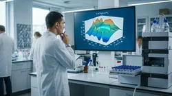 Analyst reviewing a response surface model predicting HPLC resolution across mobile phase pH and gradient time, illustrating AI mobile phase optimisation