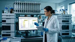 Analytical scientist comparing chromatograms from two HPLC systems during AI-assisted method transfer between instruments, illustrating AI method transfer HPLC