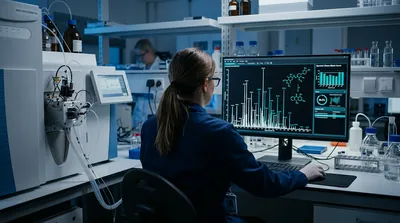 Mass spectrometrist reviewing an AI-predicted fragmentation pattern overlaid on an experimental spectrum, illustrating machine learning for MS data analysis  
