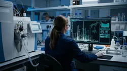Mass spectrometrist reviewing an AI-predicted fragmentation pattern overlaid on an experimental spectrum, illustrating machine learning for MS data analysis