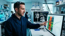 Proteomics scientist examining a data-independent acquisition proteomics dataset on a monitor, illustrating machine learning for proteomics data analysis