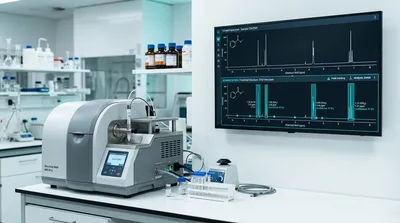 Structural chemist at a laboratory workstation studying an NMR spectrum with AI-predicted chemical shift annotations, illustrating AI NMR data analysis