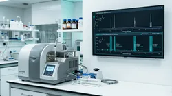 Structural chemist at a laboratory workstation studying an NMR spectrum with AI-predicted chemical shift annotations, illustrating AI NMR data analysis