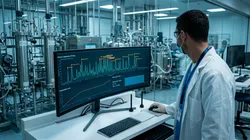 Bioprocess engineer at a control workstation monitoring an AI-assisted protein A chromatography run with real-time UV and conductivity traces on screen