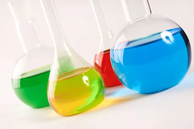 Colorful flasks demonstrating Karl Fischer titration.