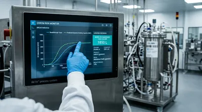 Downstream processing scientist reviewing a machine learning model prediction of dynamic binding capacity for a Protein A chromatography loading decision
