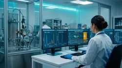 Inline Raman and UV sensors on a chromatography skid feeding an AI monitoring dashboard for real-time downstream bioprocess control