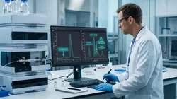 Analytical scientist reviewing SEC and ion exchange chromatograms with AI-assigned aggregate and charge variant peaks for mAb characterisation