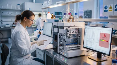 Quality control scientist reviewing an AI-flagged out-of-specification result on a laboratory chromatography data system.